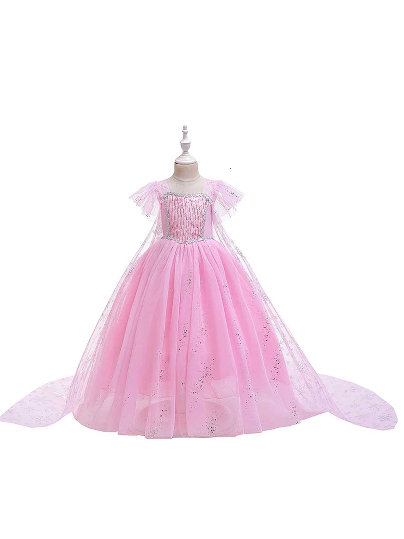Girls Pink Sequined Mesh Princess Dress Mesh Short Sleeves with Cape Suitable for ParTY Performance Carnival Dress Z250904