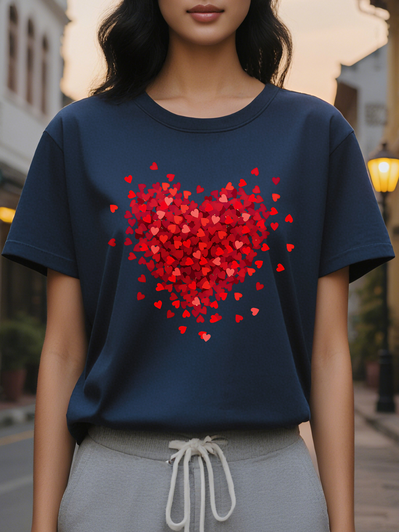 Heart Print T-Shirt Short Sleeve Round Neck Casual Top for Summer and Spring Women