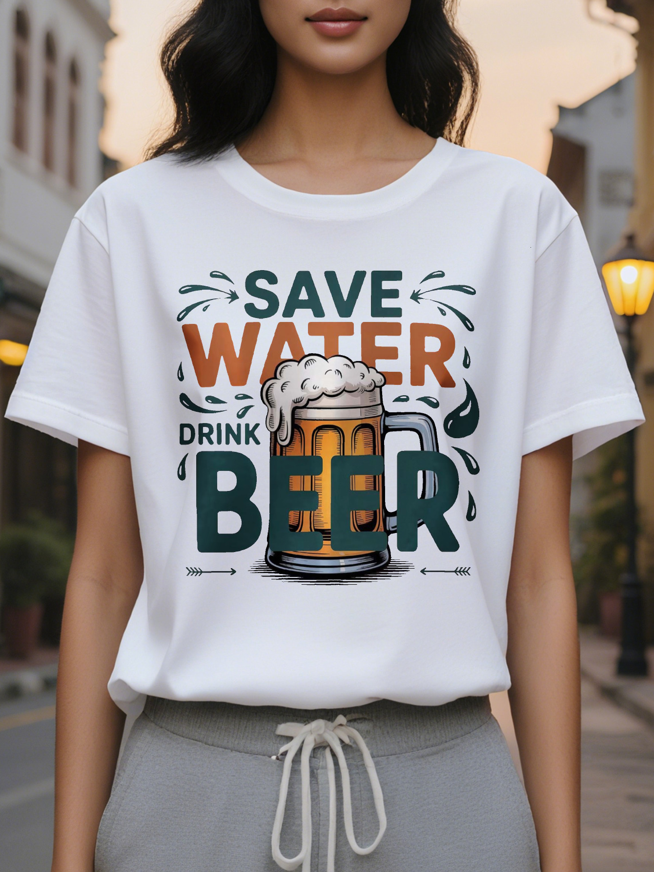 White short sleeve round neck summer T-shirt with mug design, lightweight breathable fabric for casual wear
