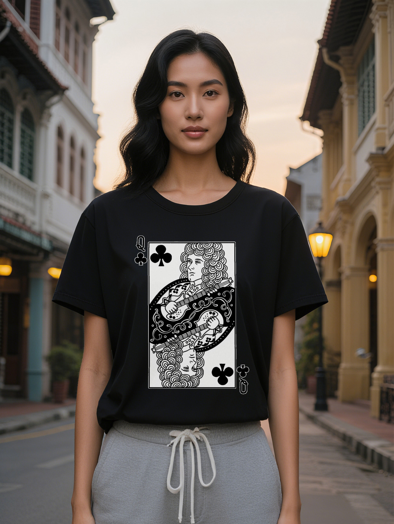 Large XL Lady Short Sleeve T-Shirt with Queen of Clubs Playing Card Graphic Print Black Round Neck Summer Women Washable Regular Plus Size