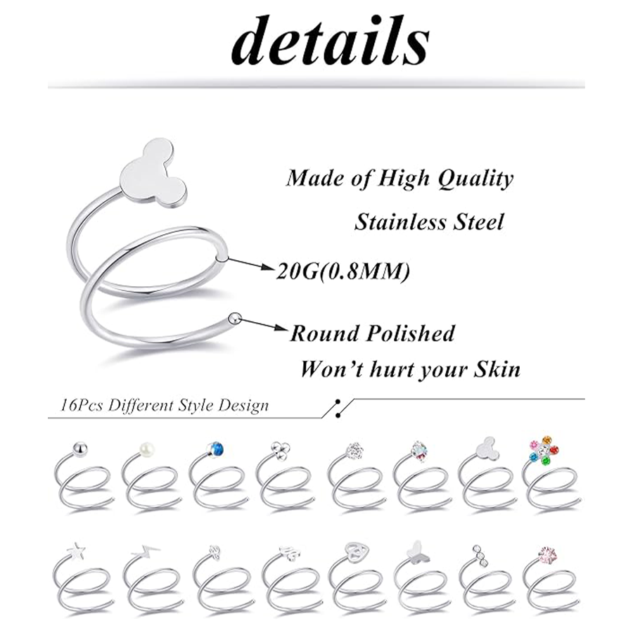 16Pcs Double Nose Ring Hoop for Single Piercing Butterfly Lightning Pearl Ball Snake Shiny CZ Twisted Double Hoop Earring for Women 20G Silver Tone