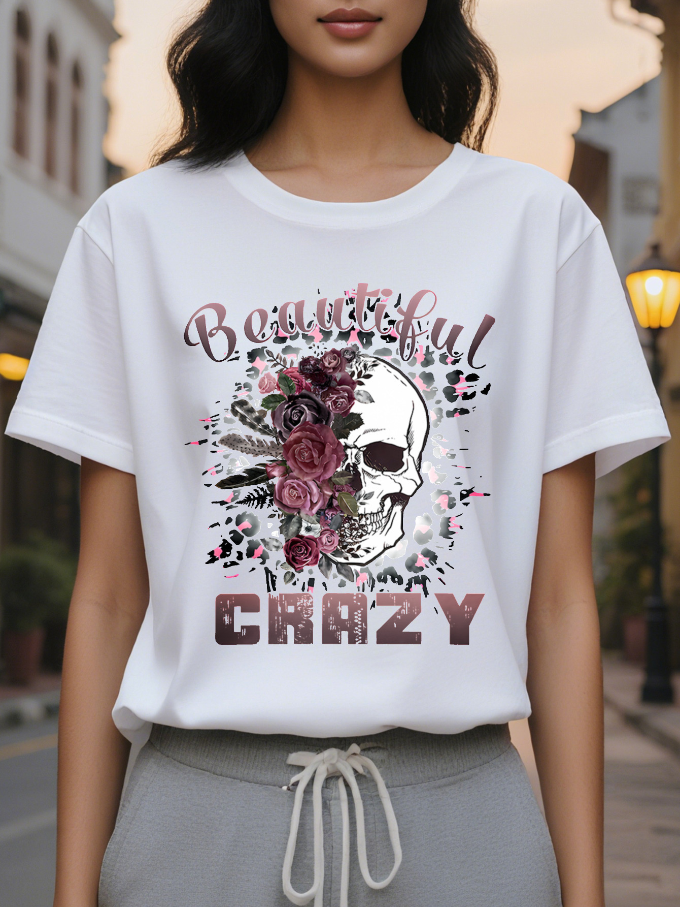 Beautiful Crazy Ladies T-Shirt Black Skull Pink Letter Printing Spring and Summer Casual Loose Short Sleeve Round Neck