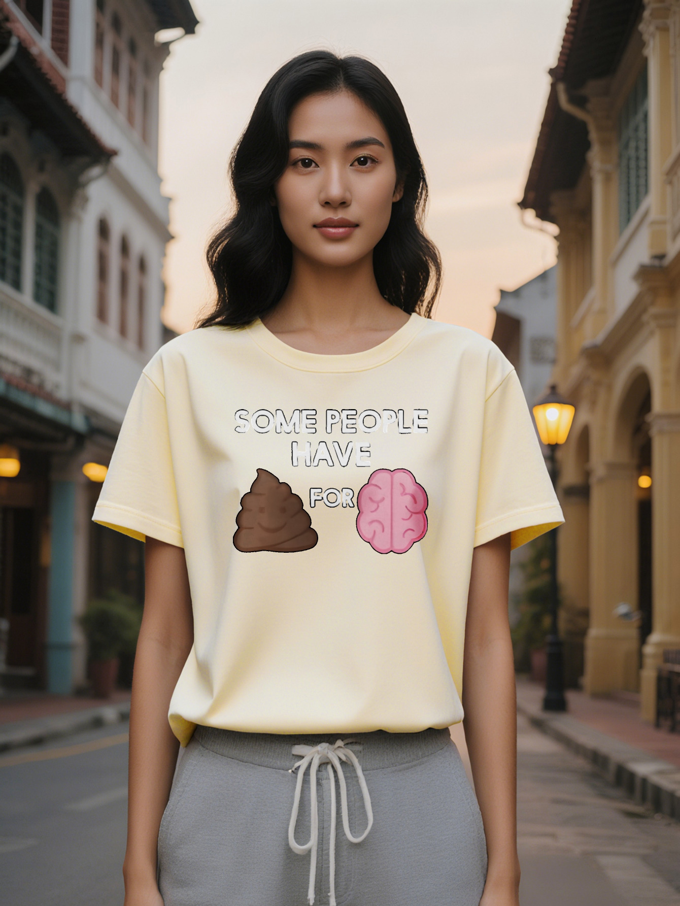 Lady Humorous Graphic T-Shirt Some People Have Poop Brain Design Black Casual Round Neck Summer Tee Washable