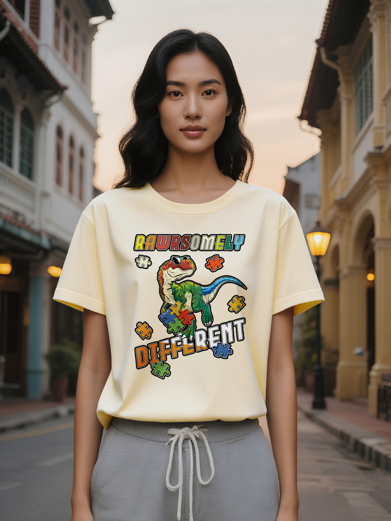 Large XL Women's Casual Graphic T-Shirt with Dinosaur Puzzle Block Print Black Round Neck Short Sleeve Tee Breathable Summer Top Plus Size