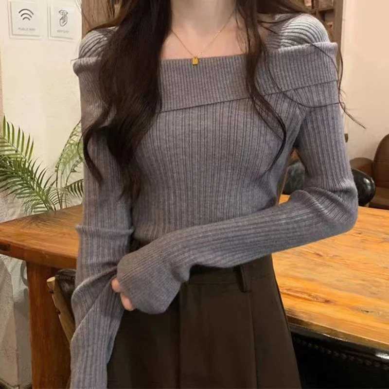 Solid Sexy Slim Off Shoulder Slash Neck Long Sleeve Knitting Sweater Women Jumpers Office Fashion New M250904