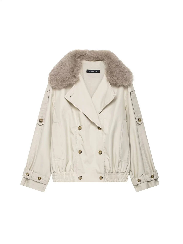 Women Fashion Short Trench Coat 2025 Autumn Fashion Faux Fur Collar Decoration Double Breasted Retro Casual Outerwear Chic 250904