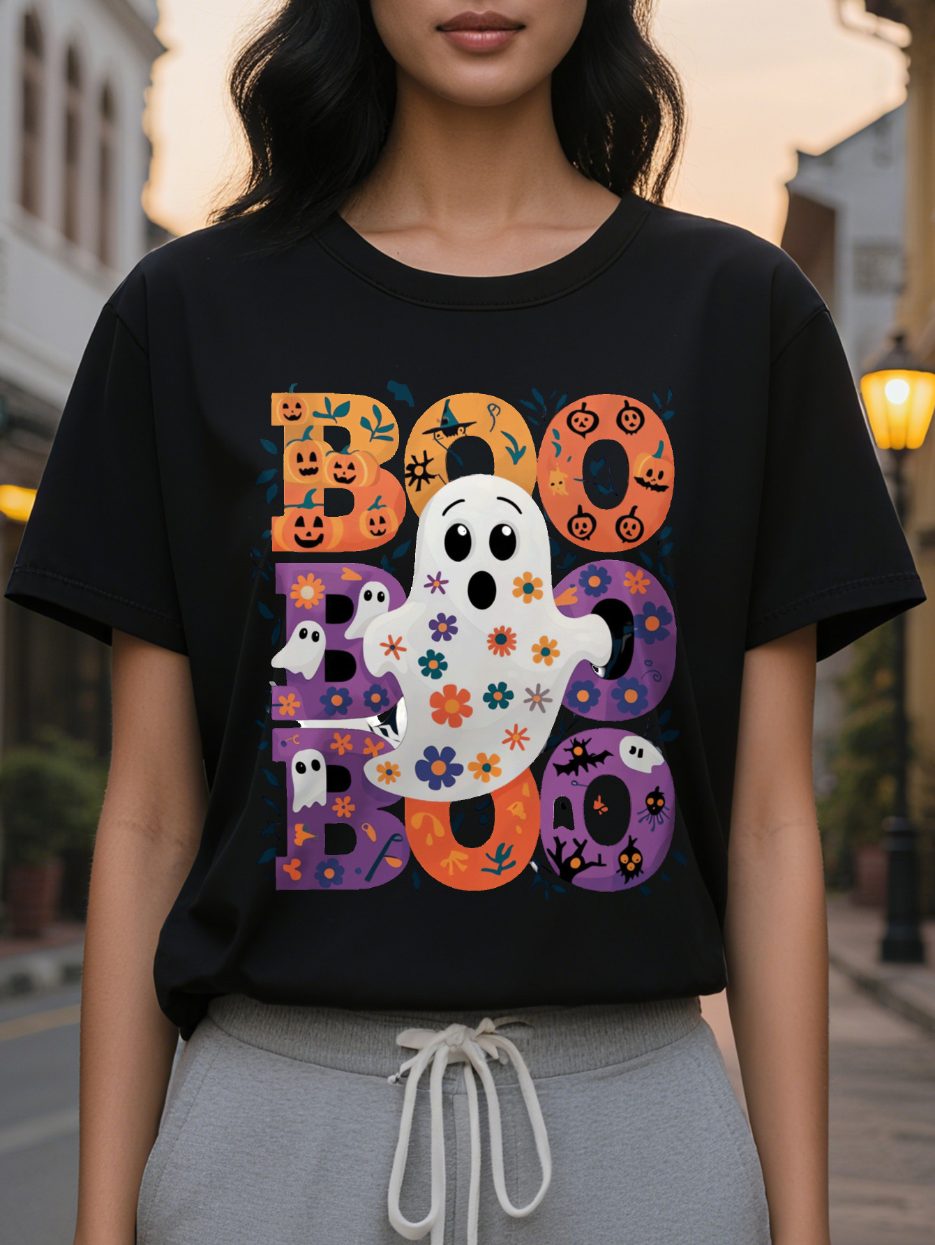 Ladies Cute Boo Pattern T Shirt with Floral Pumpkin Orange Purple Fall Colors Lightweight Round Neck Casual Top