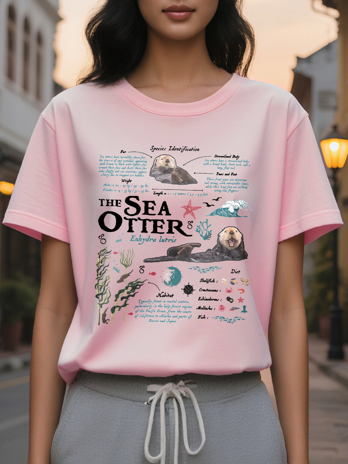 Women's Casual Sea Otter Print T-Shirt Round Neck Slim Fit Version Cotton Spring and Summer Regular Length