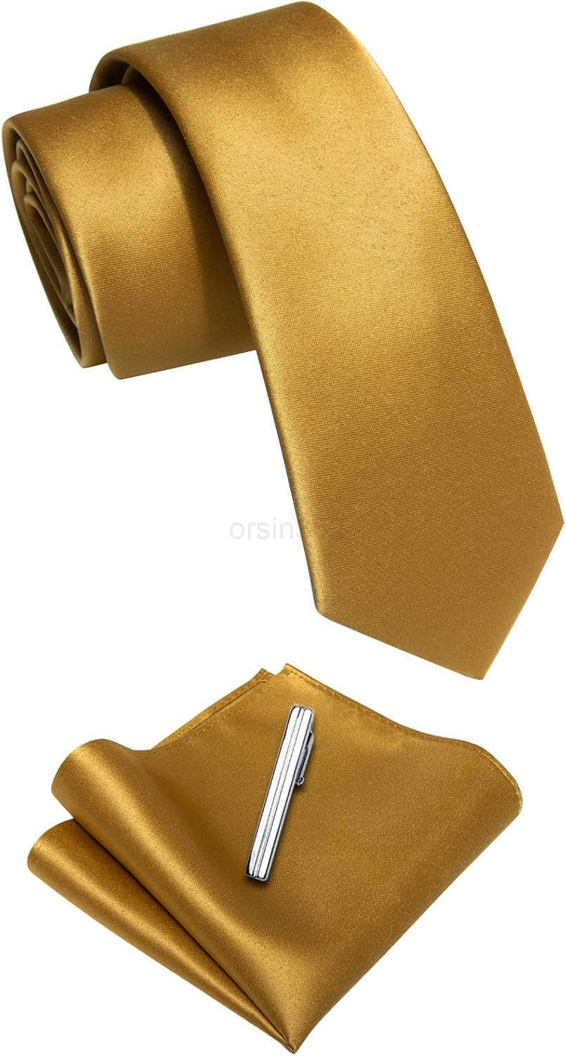 Ties for Men Satin 24 Slim Necktie with Pocket Square Tie Clip Set Solid Color Wedding Party BusinessW250904