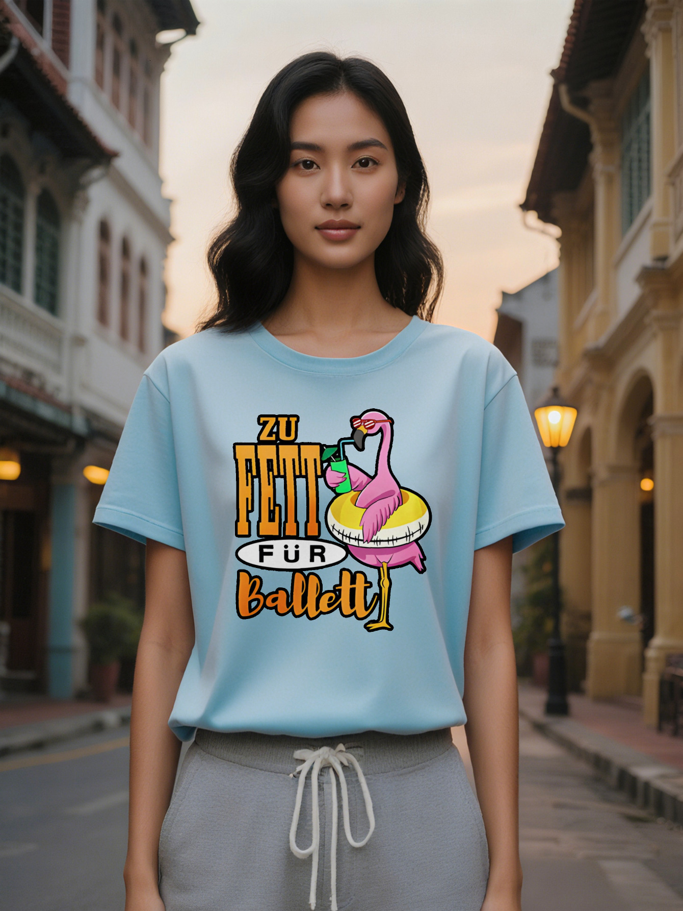 2024 Casual Crew Neck T-Shirt with Flamingo Glasses Print ZU FETT FUR BALLET Graphic Lightweight Summer Tee Perfect Gift