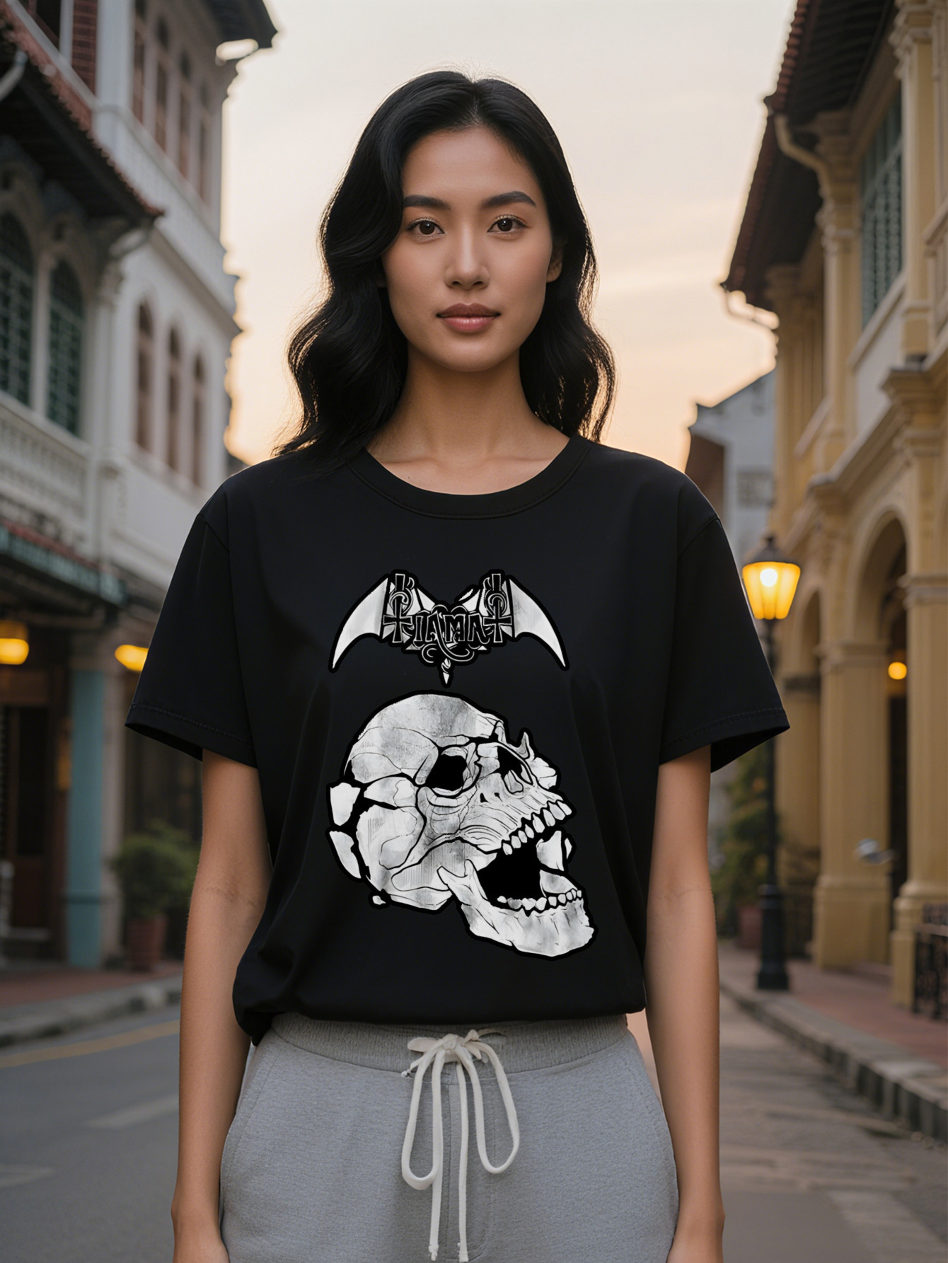 Large XL Lady Skull Bat Wing Graphic Print Casual T-Shirt Black Round Neck Summer Top Washable Regular Fit Tee for Plus Size