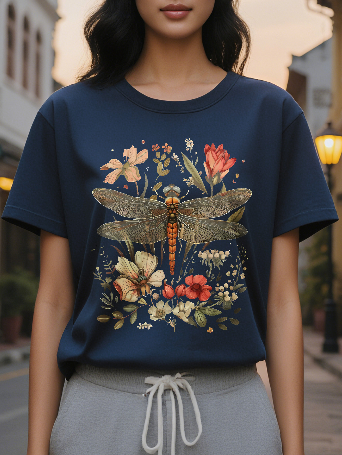 Large XL Casual Dragoy Floral Print Cotton Knit Tee Women S Crew Neck T Shirt All Season Regular Length Top Plus Size