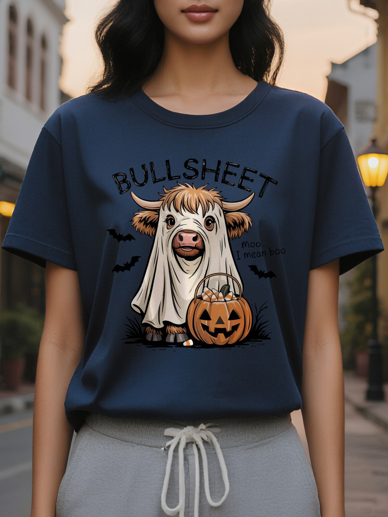 Women's Fun Bullsheet T-shirt Scottish Mooooo Print Halloween Theme Party Casual Summer Crewneck Top Washable