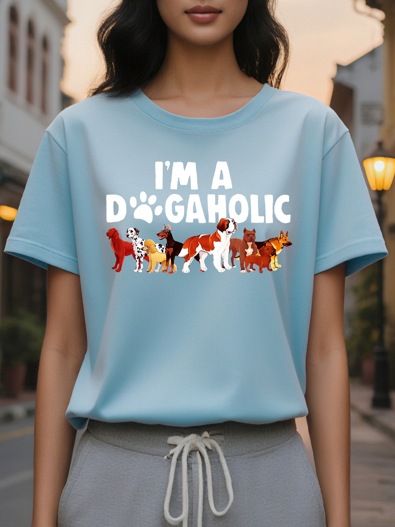 Short Sleeve Print Crew Neck I M A DOGAHOLIC T-Shirt Casual Women's Clothing for Spring Summer