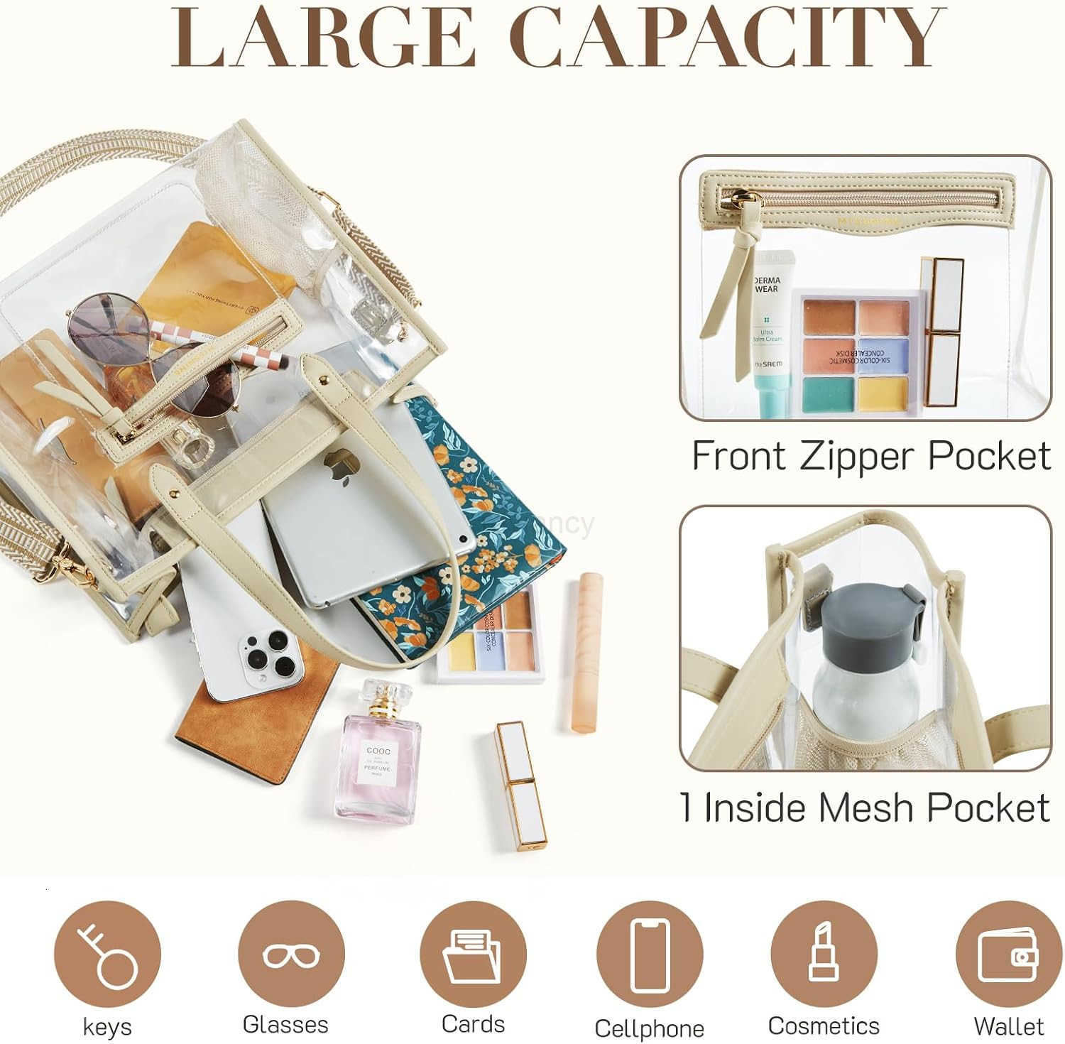 Clear Tote Bag for Women Thick PVC Clear Bag for Stadium Events with Guitar Strap Transparent for Concert BeachW250904