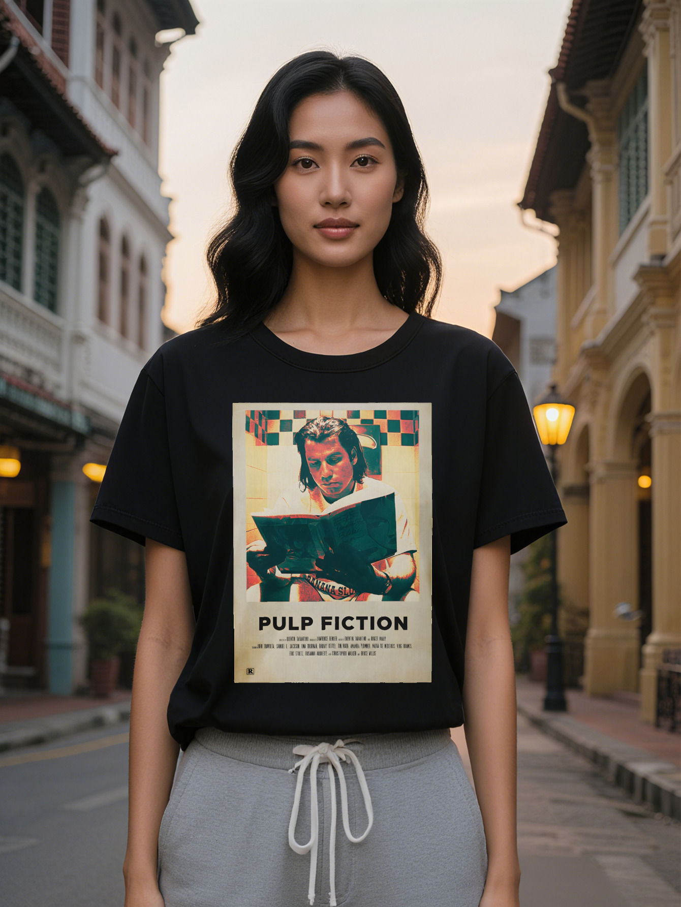 Large XL Women's Casual Crew Neck T-Shirt Pulp Fiction White with Black Print Short Sleeve Regular Fit Summer Tee Perfect Gift Plus Size