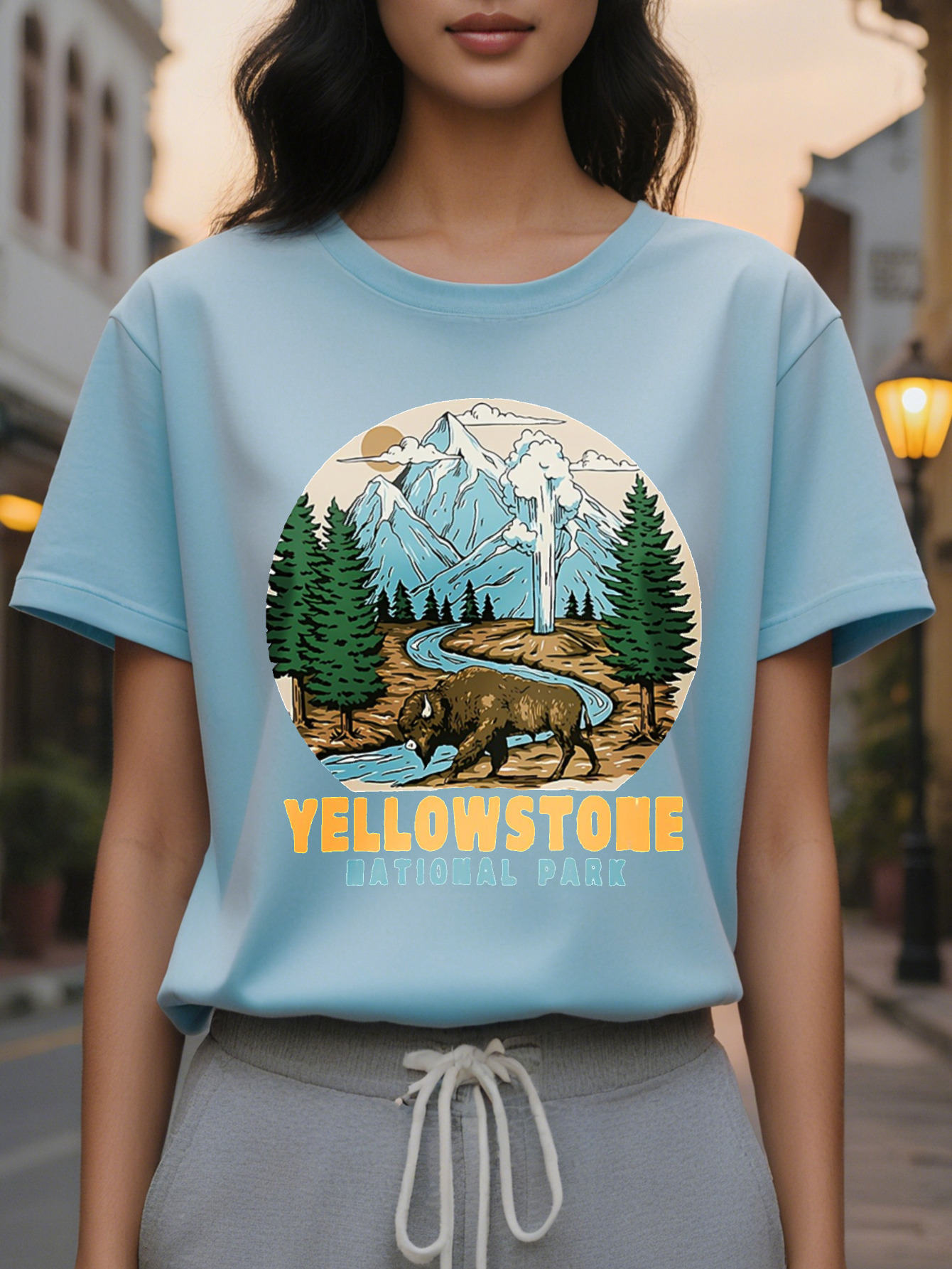Women's casual sleeve T-shirt printed with national park pattern, cotton, regular length, spring and autumn