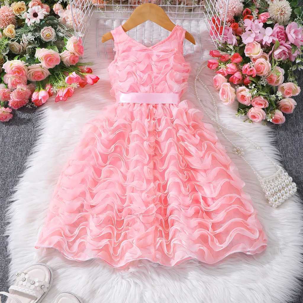 Kids Girl Pink Dress Elegant Short Sleeve Floral Toddler Girls Summer Dresses Cute Fashion Sweet Children Dress 3 4 5 6 7 Years Z250904