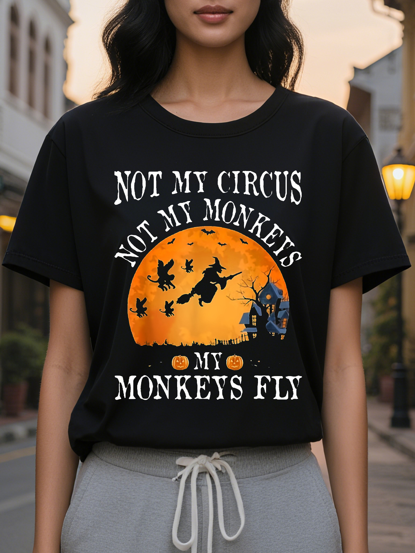 Ladies Halloween T Shirt Not My Circus Witch and Bat Casual Round Neck Top Washable Spring Fall Party Dress Up