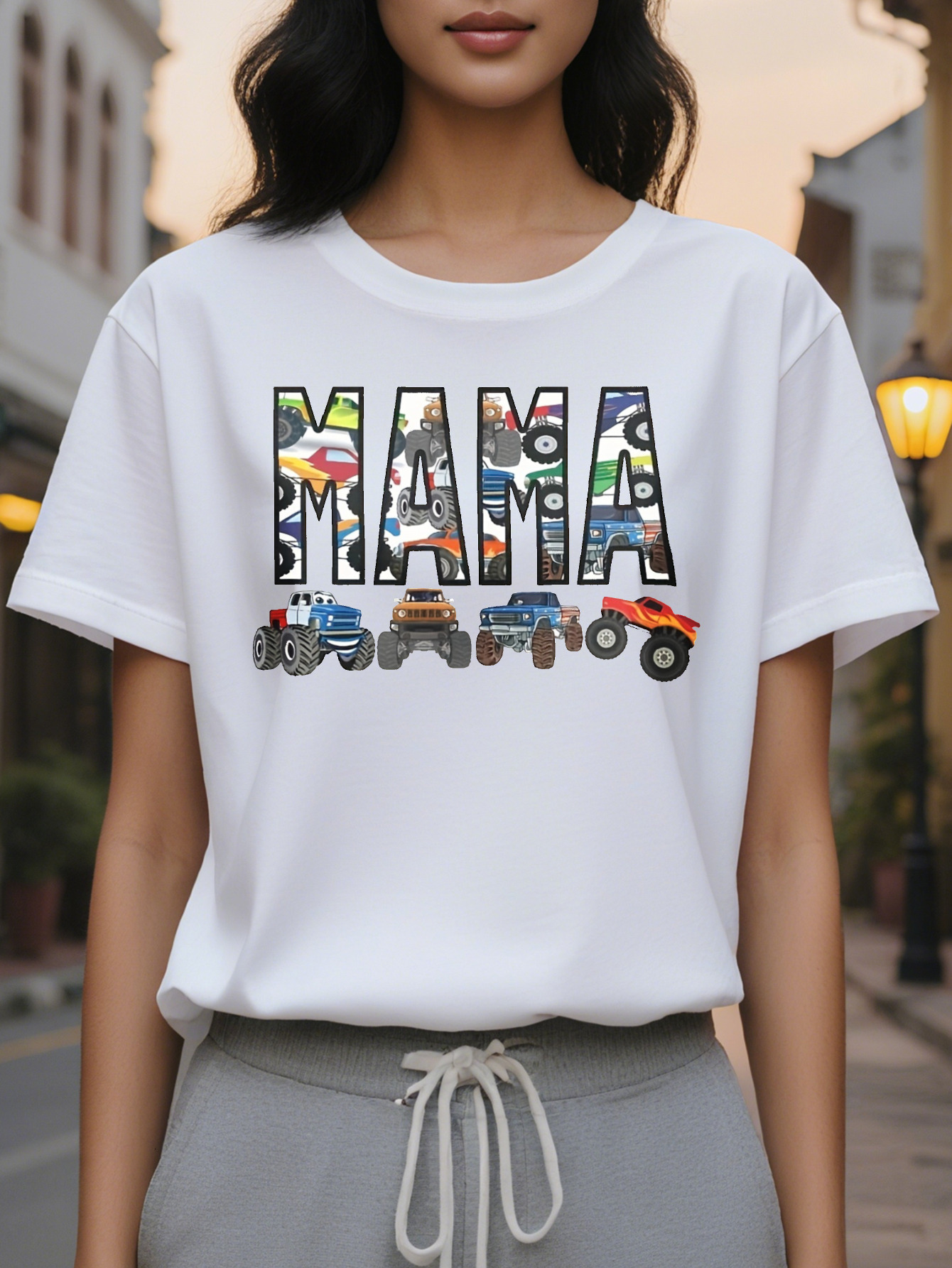 Large XL Light Beige Women's Casual Short Sleeve Round Neck T-Shirt Playful MAMA Truck Construction Graphic Print hine Plus Size