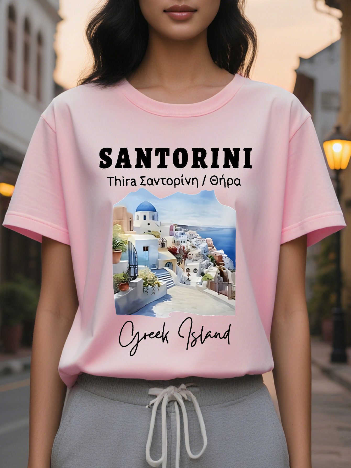 Women's Santorini Print T-Shirt Short Round Neck Casual Top Greek Island Translucent Summer Shotgun Washable