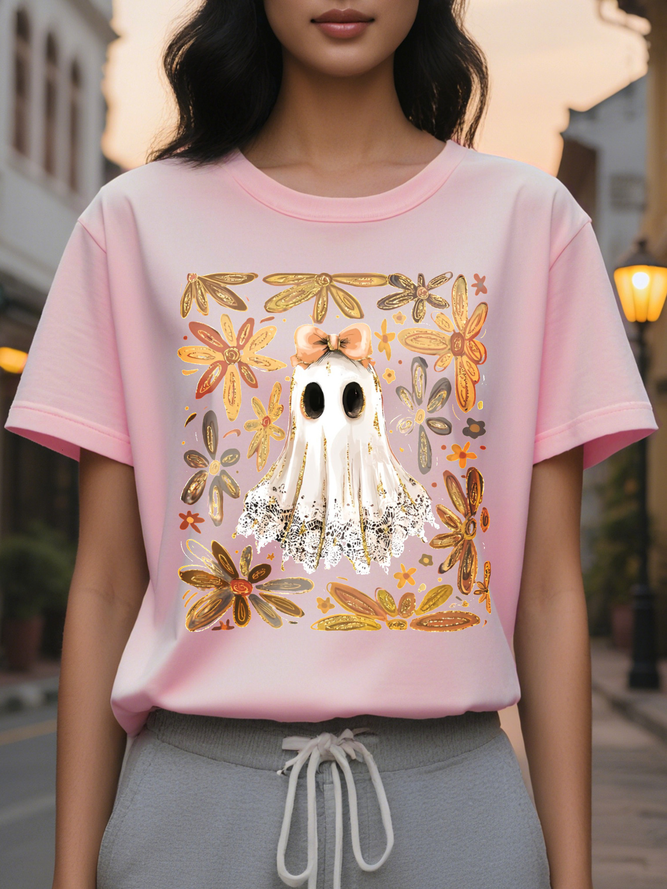 Women S T Shirt Spooky Ghosts Pumpkins Floral Print Black Background with Orange Accents Loose Fit Casual Party