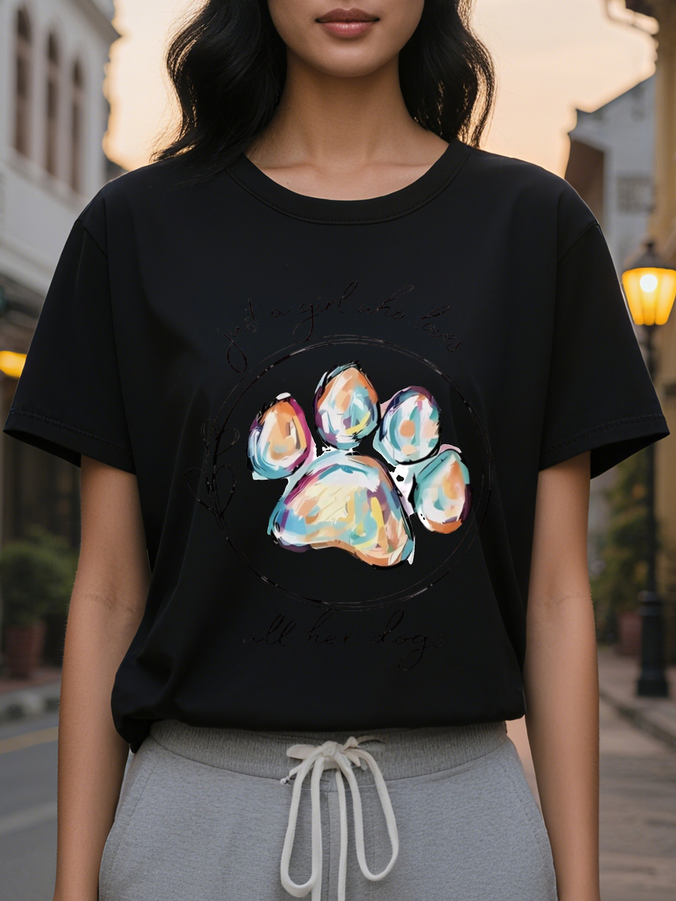 Women's Only Love Her Dog Pattern Short Sleeve T-shirt Cute Claw Printed Round Neck Top Breathable Summer Casual