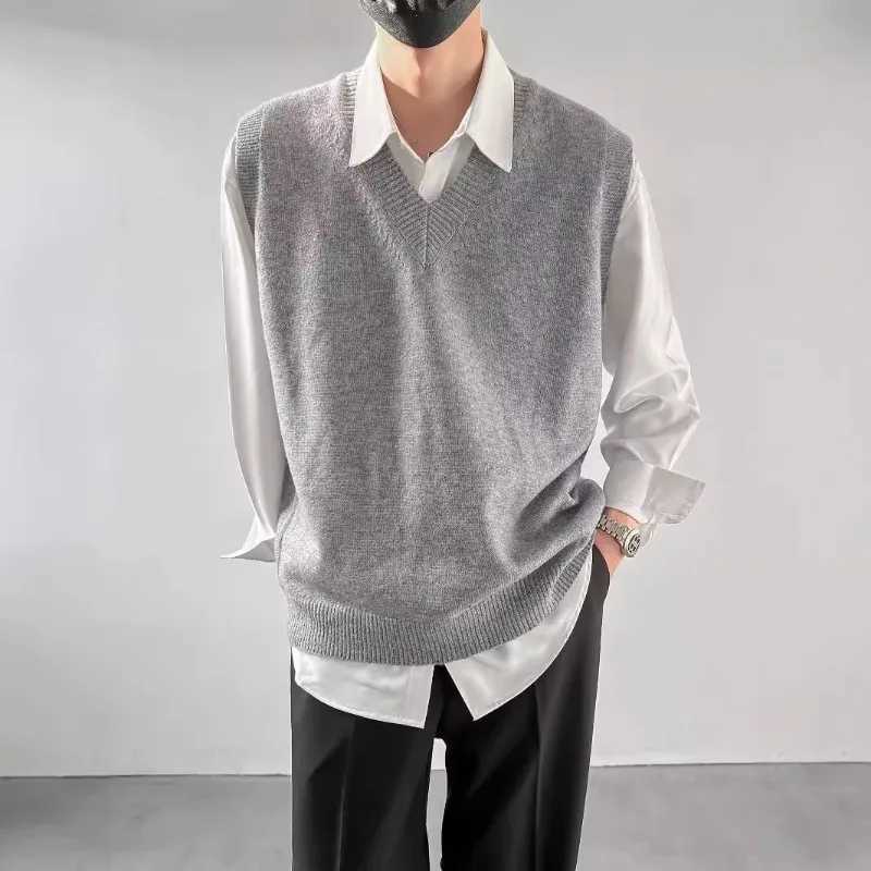 Spring Autumn Winter Koreanstyle Loose Base Knitted Sweater Sleeveless Vest Mens Inner Layer Top Pullover Vneck Sweater VestXJ250904