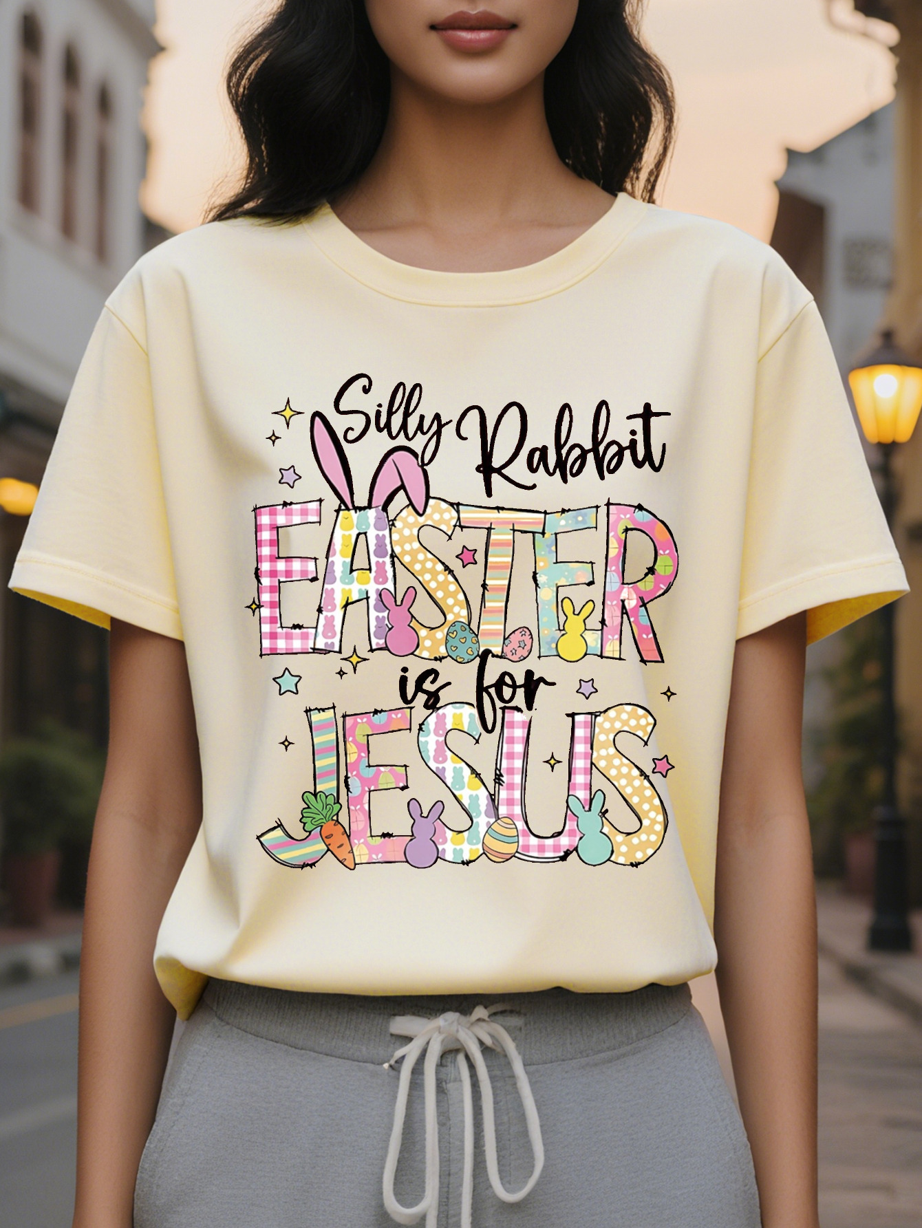 Large XL Silly Is Jesus Happy Easter Bunny Christian Graphic Print Fashion Casual Short Sleeve Spring Summer Fit Crew Plus Size
