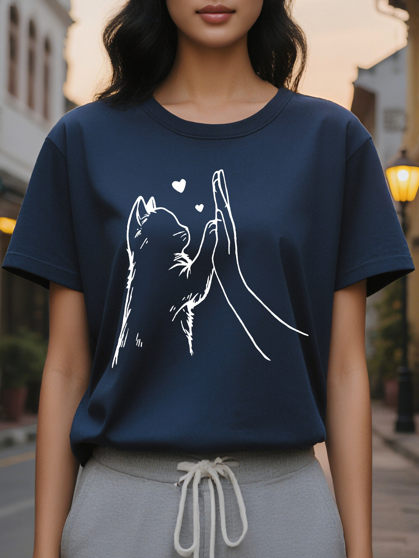 Large XL Women's Paw Heart Graphic Print Casual T-Shirt Soft Stretch Round Neck Short Sleeve Top for Spring Summer Plus Size