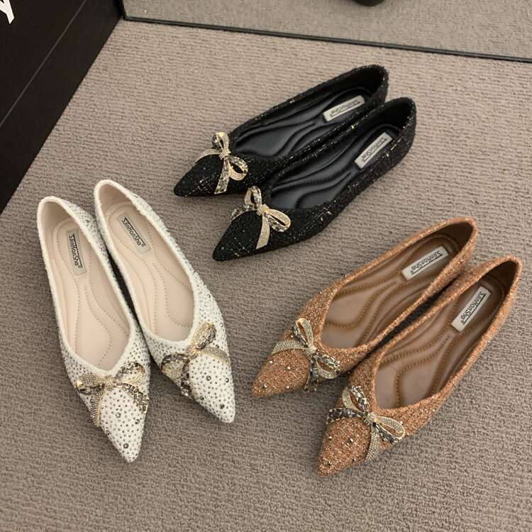 Rhinestone Bow Flat for Women 2025 Spring Autumn Designer Shoe New Pointed Toe Shallow Mouth Commuter Grandma Shoes