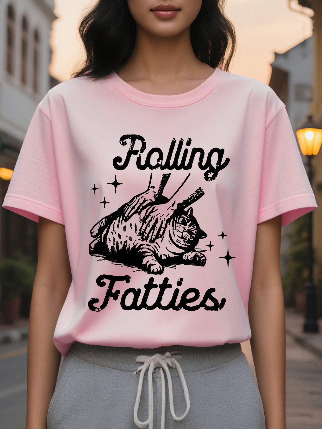 Lady Rolling Fat Man Pattern T Shirt Fun And Star Design Loose Short Sleeve Jacket Cottonlight Fabric