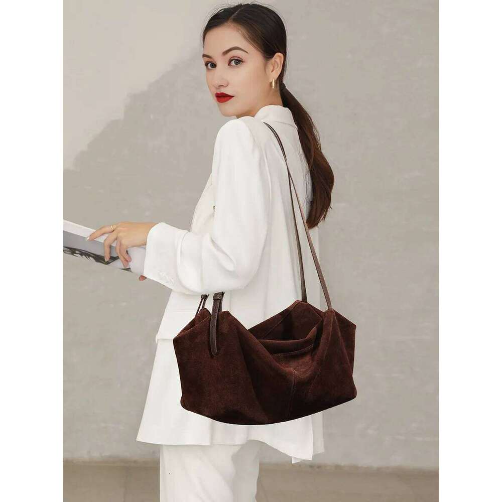 Versatile suede tote for autumn and winter, frosted cowhide, large capacity single shoulder armpit pillow bag