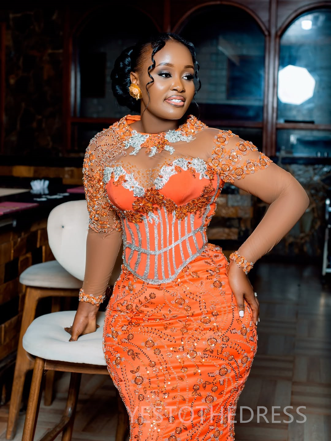 Orange Prom Dress 2025 Evening Dresses Vestidos De Novia Elegant Dresses For Special Occasions Beaded Lace Sheer Neck Birthday Dress Second Reception 