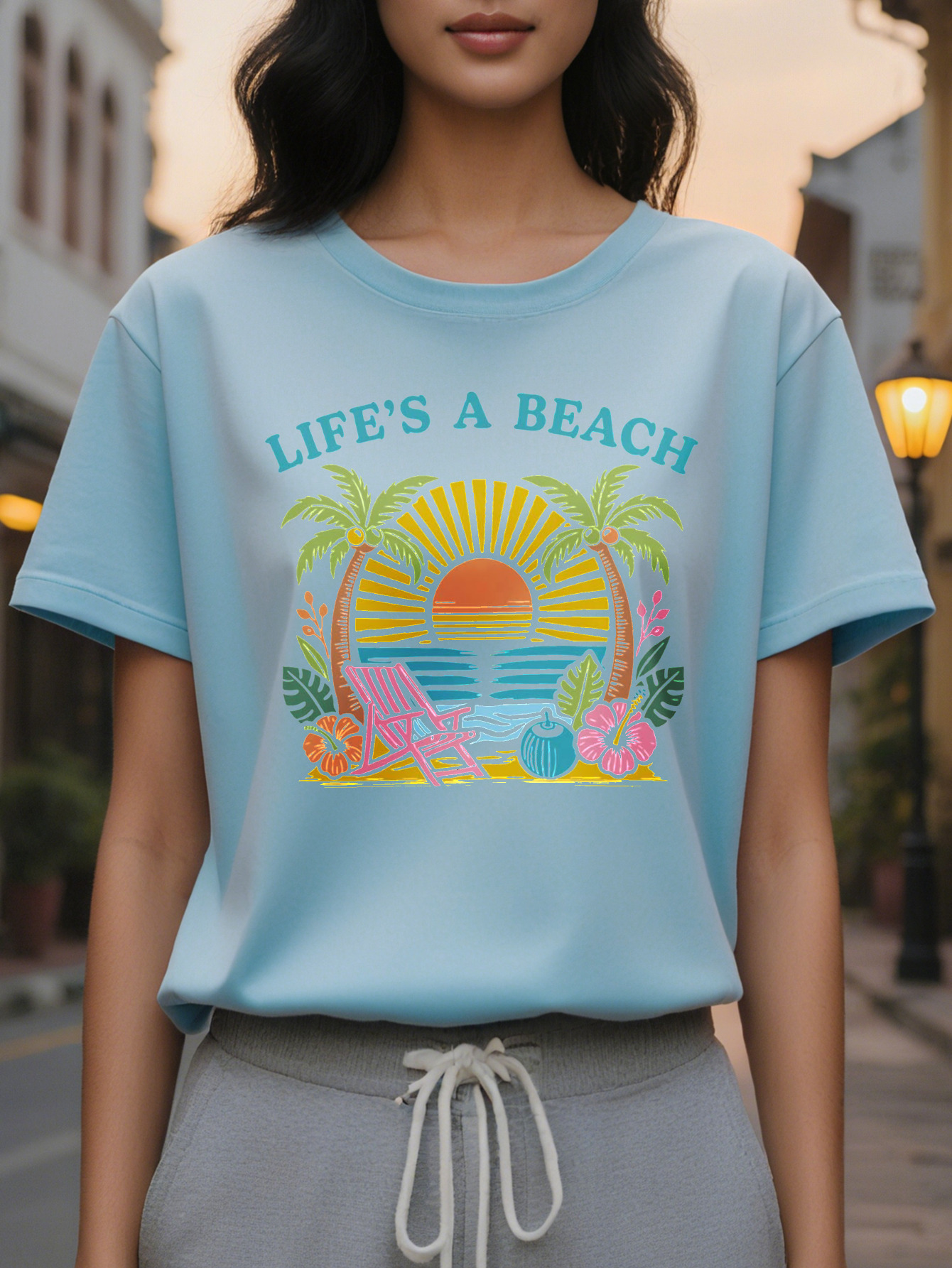 Women s Sleeve Pattern Sweatshirt White Beach Top with Tropical Palms Lounger and Citrus Fruit Medium Stretch Round