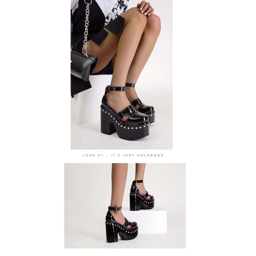 12cm High Heels Woman Chunky Platform Shoes Black Patent Leather Rivet Block Heels Summer Ladies Shoes Plus Size 34-43