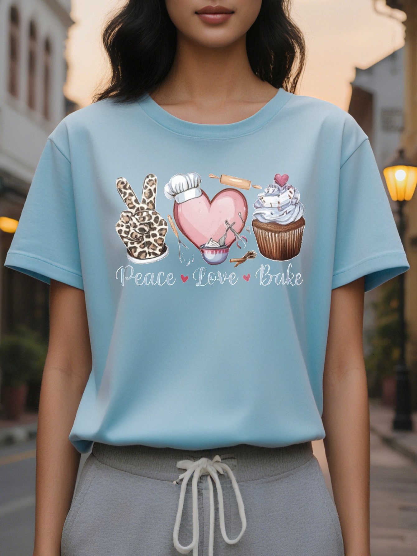 Women's Black Peace Baking Pattern Short Sleeve T-Shirt Button Leopard Love Design Elastic Round Neck Casual Top