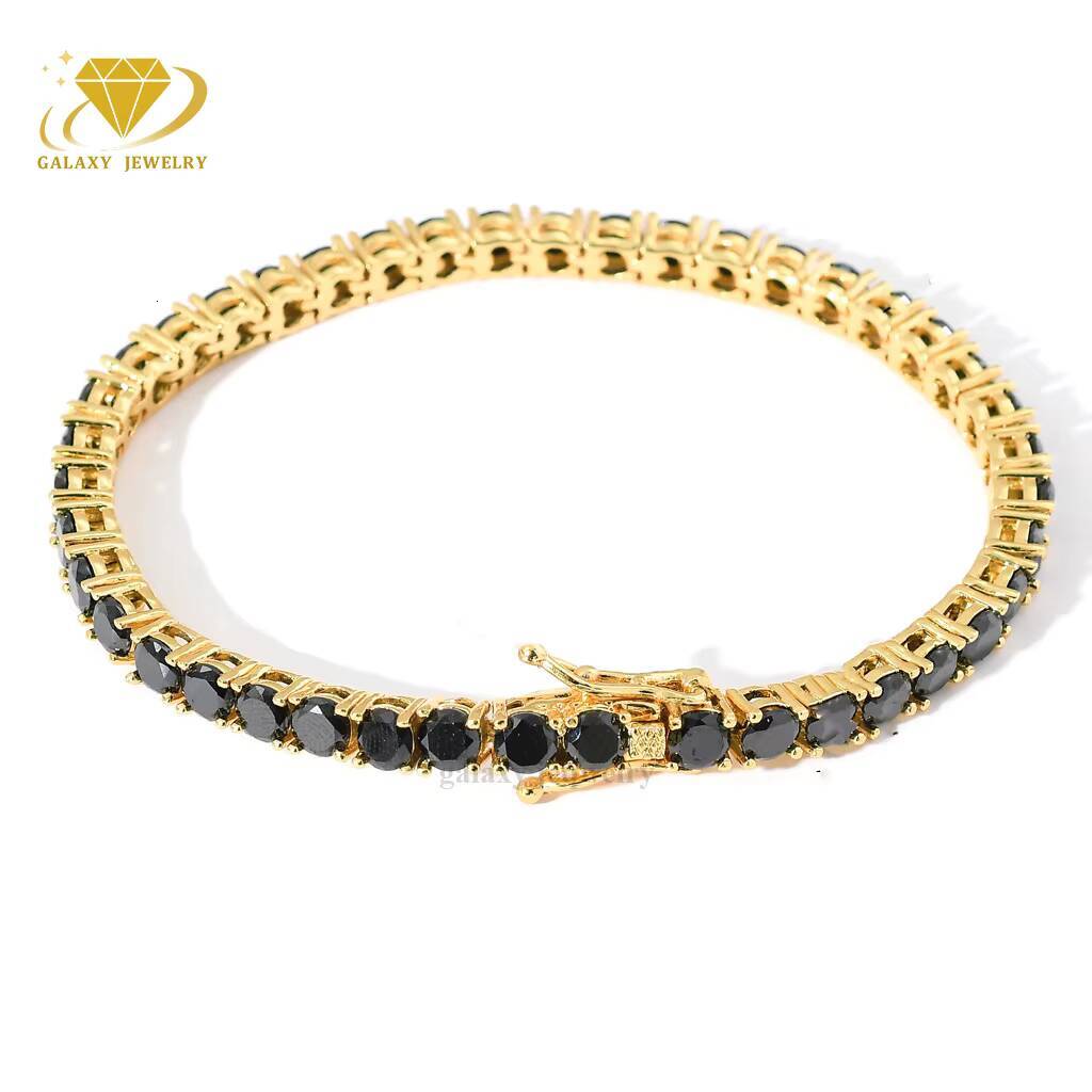 Real Pass Diamond Tester Black Moissanite Diamond Men Tennis Chain 1 Row Iced Out 35mm Gold Plated 925 Silver Bracelet Necklace