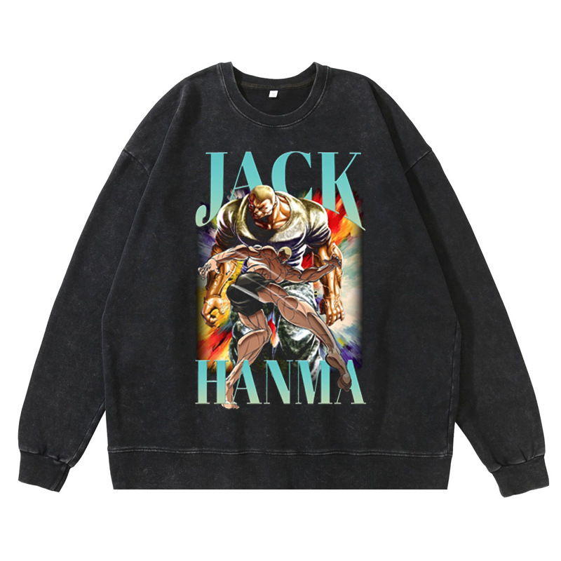 360g Heavyweight Pre-Washed Distressed Jack Hanma Anime-Inspired American Vintage Crewneck Cotton Sweatshirt - TT8343