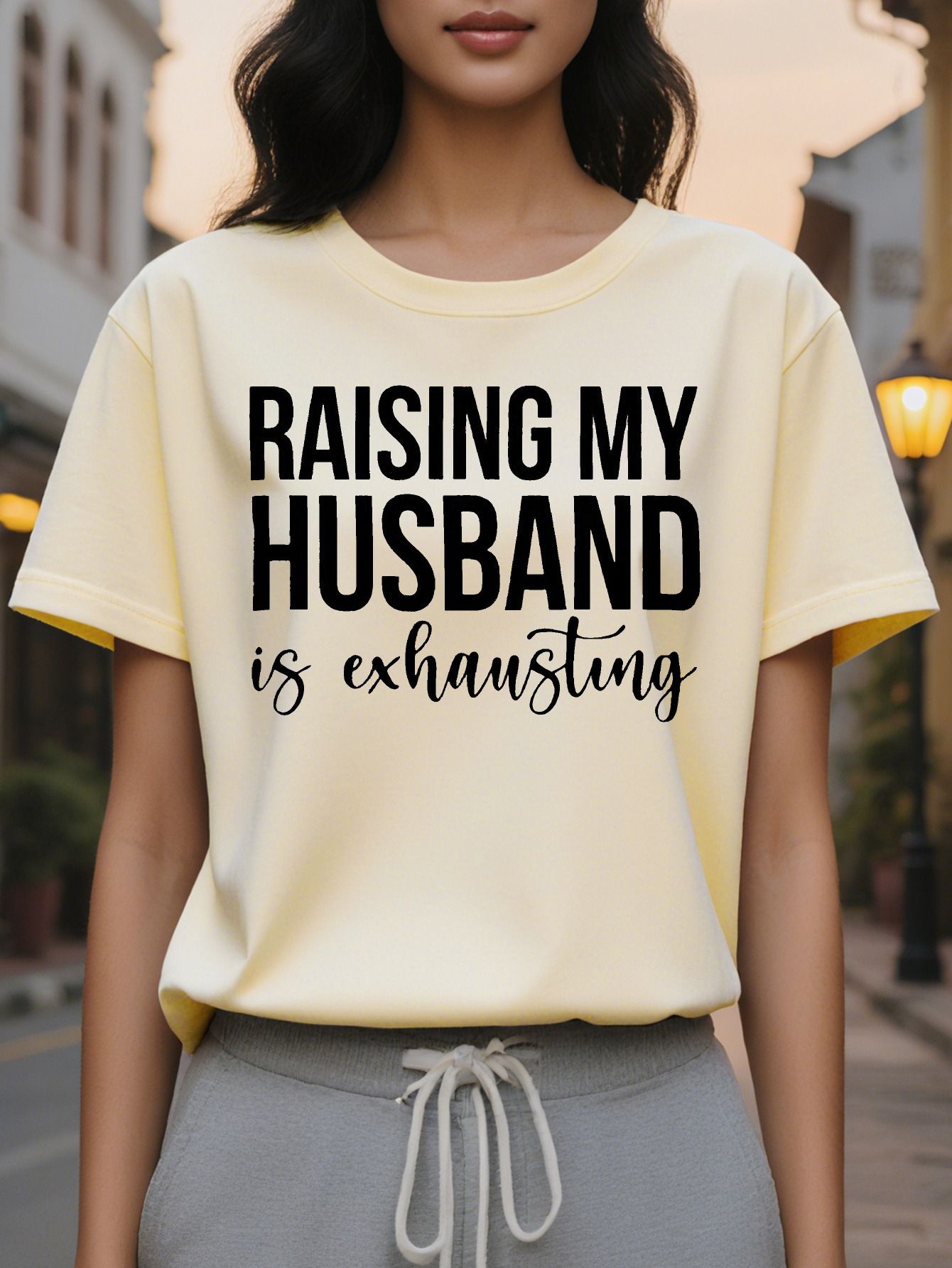 Large XL Women's Raising My Husband Is Exhausting Graphic T-Shirt Soft Stretchy Summer Tee with Bold Text Print Round Neck Plus Size