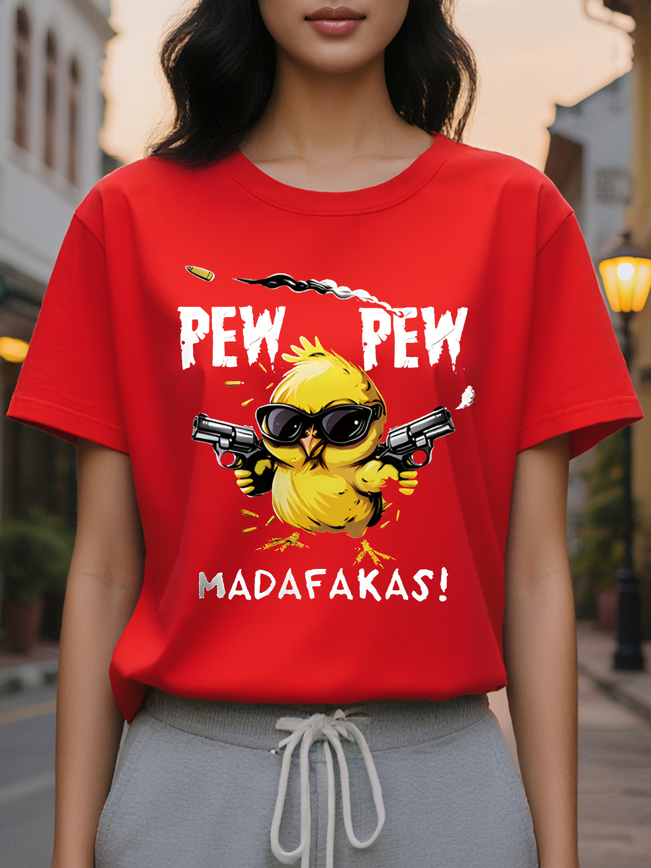 Ladies Casual Short Sleeve T Shirt Black Cartoon Chick Wear Fashion Glasses with Gun Pattern PEW MADAFAKAS