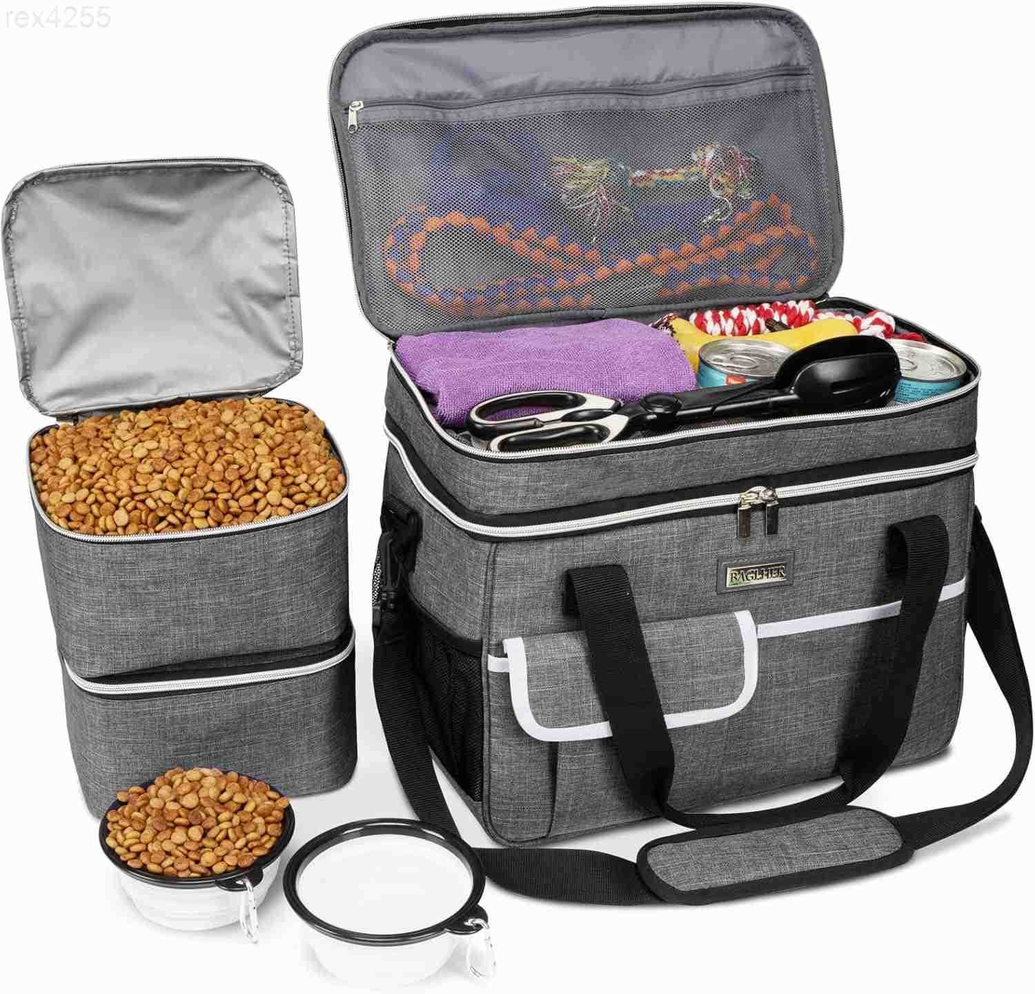 Dog Travel Bag for Supplies DoubleLayer Airline Approved Weekend Pet Travel Organizer Set for Dog and Cat Tote with 2 Pet Food Containers and 2 Collap