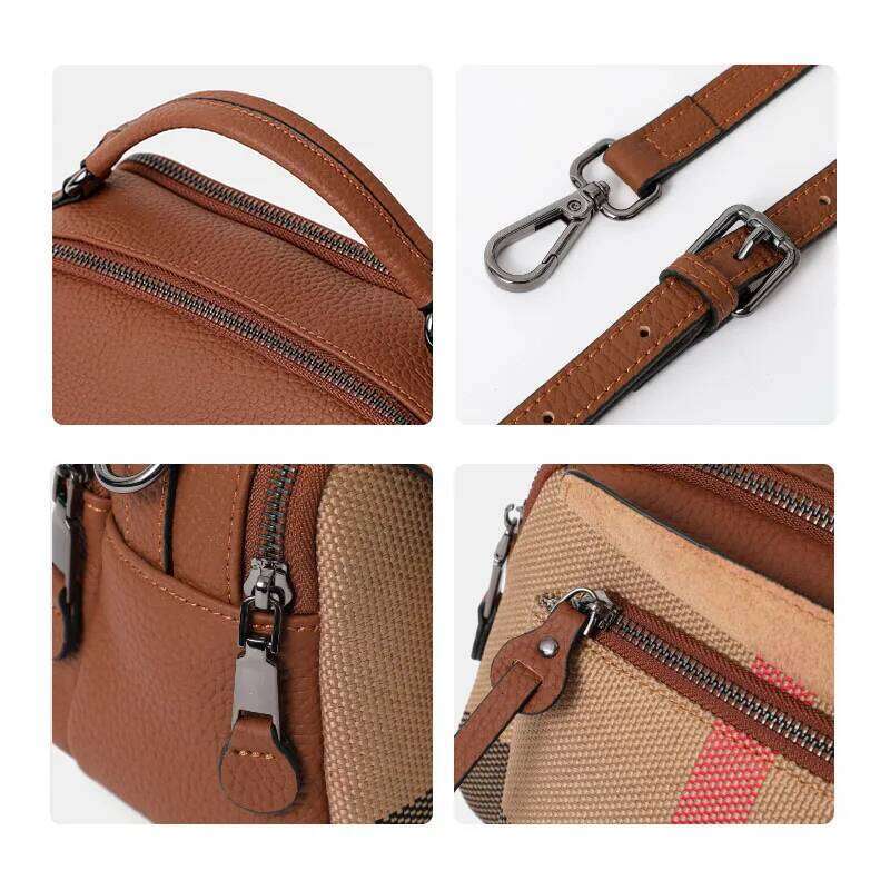 Checkered Canvas & Leather Crossbody Handbag