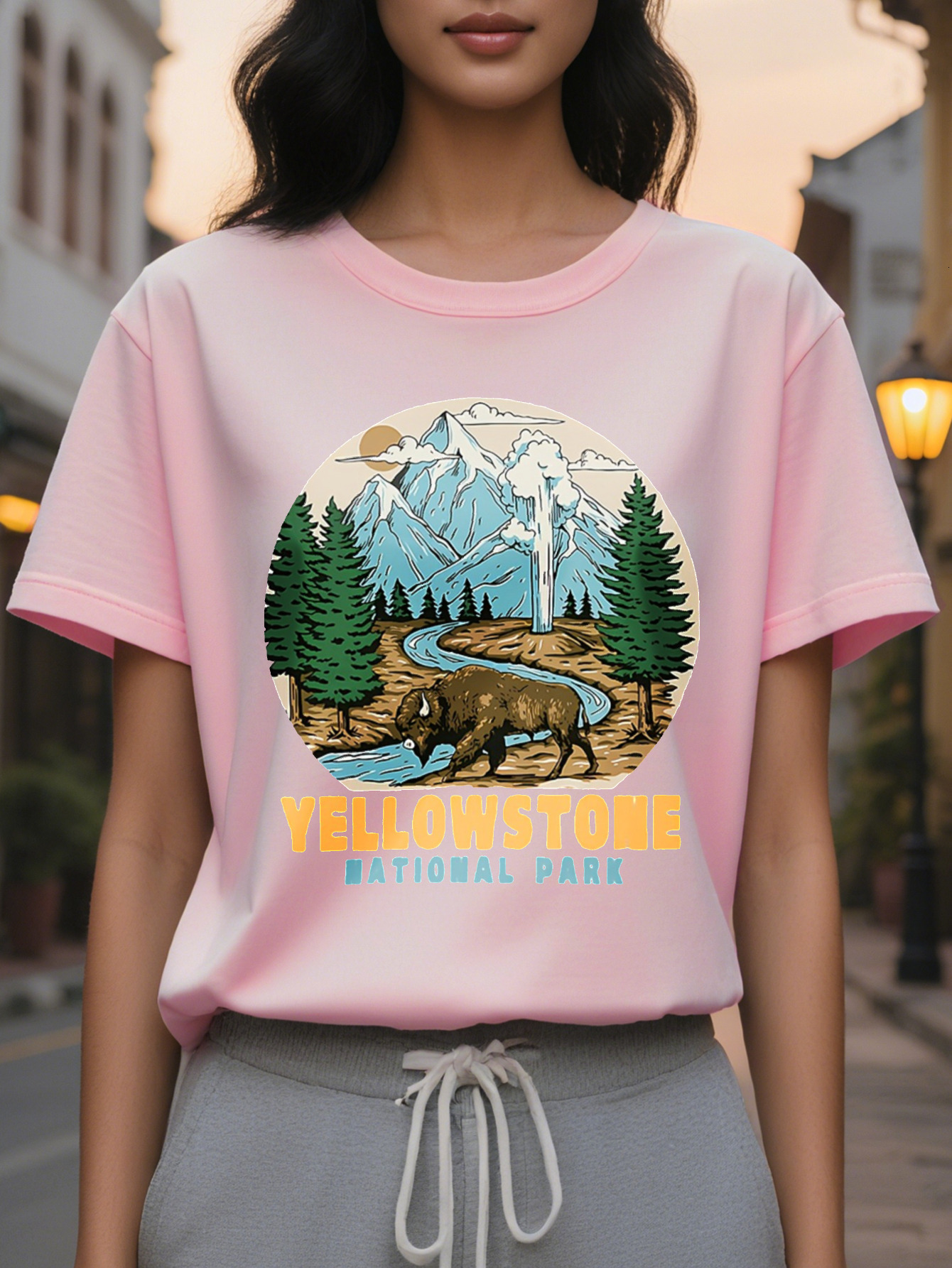 Women's casual sleeve T-shirt printed with national park pattern, cotton, regular length, spring and autumn