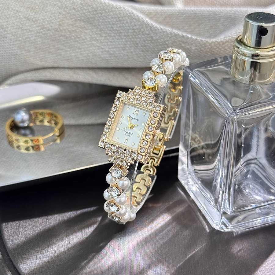French Rantic DoubleRow Exquisite Small Pearl Bracelet Watch Square DiamondEncrusted Light Luxury Ladies Quartz Watch X250904