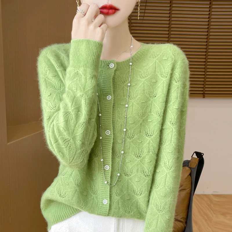 Autumn And Winter New Round Neck Hollowed Out 100 Wool Knitted Cardigan Womens Versatile Coat Loose Casual Sweater DMR281 M250904