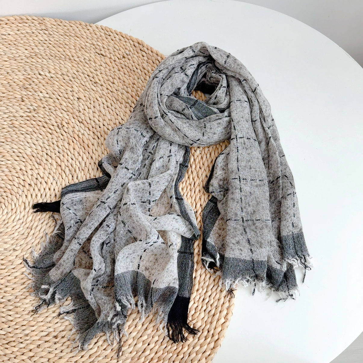 K1800 Retro pleated solid color Tencel wool scarf versatile summer neck protection dual-purpose shawl light breathable silk scarf Korean version