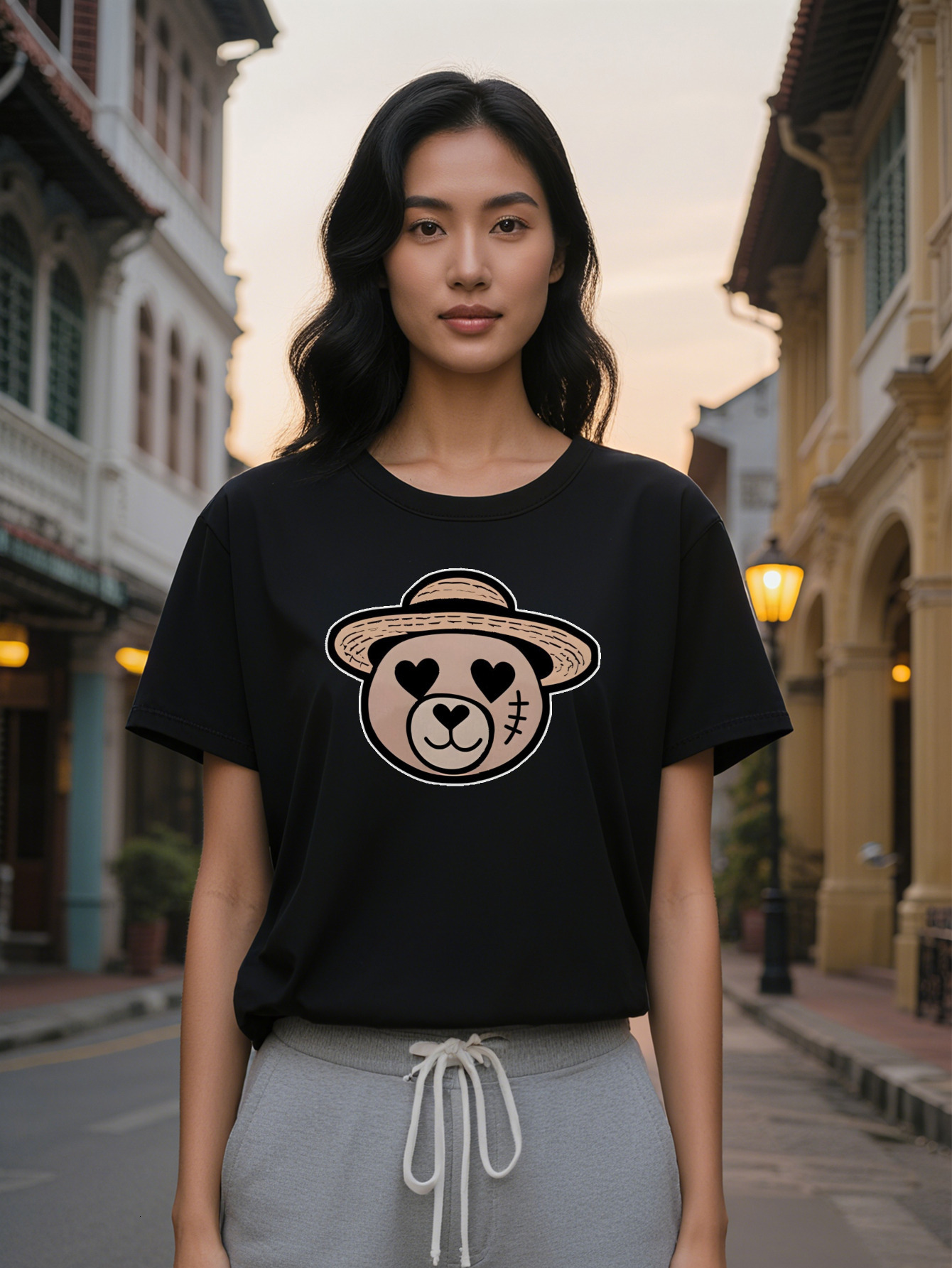 Lady Casual Graphic T-Shirt with Cartoon Bear Heart Eyes Print Black Round Neck Summer Tee Breathable Regular Fit