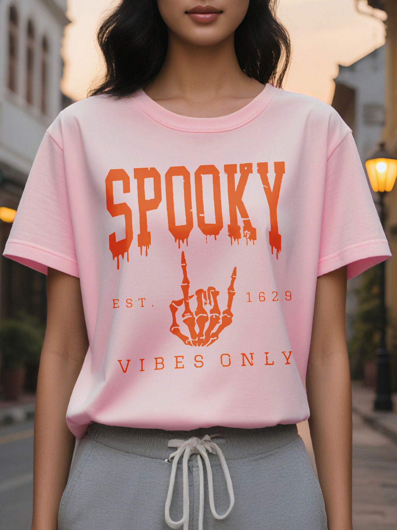 Large XL Women's Halloween Spooky Vibes Double Sided Printed T-Shirt Gothic Lettering Blood Drip Design Round Neck Short Plus Size