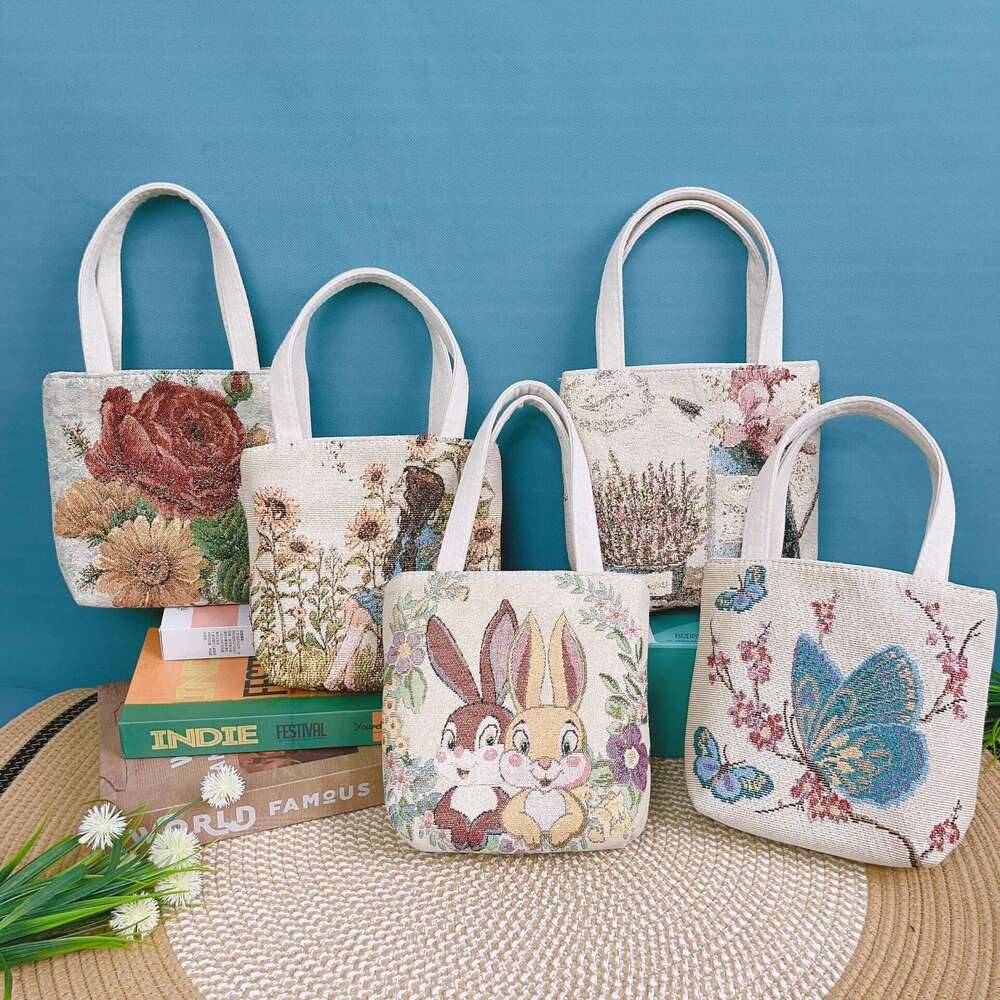 Canvas Jacquard Embroidered Cute Cartoon Phone Bag Mini Artistic Fresh Handbag Simple